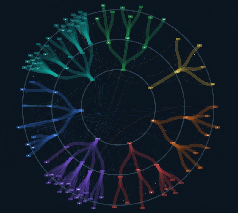 NodeTracker radial map showing coloured process branches and their interconnected dataflows